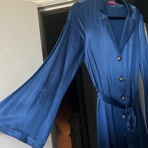 STAUD Royal Blue Satin Dress with Long-Sleeves Bell Sleeves Size M Modest Dress - Picture 2 of 10